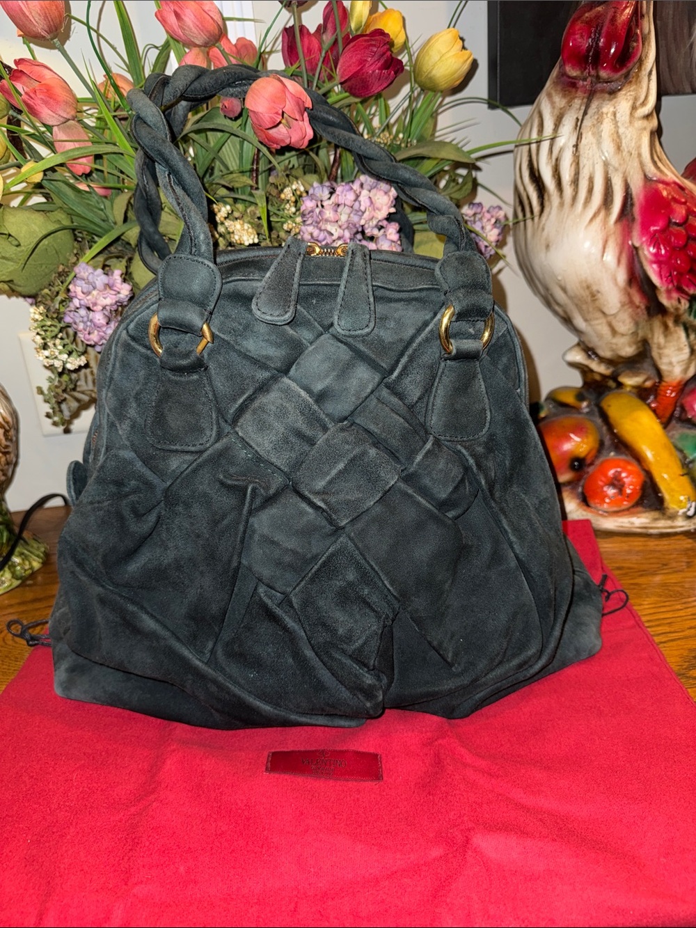 Valentino Garavani Dark Green Woven Suede Shoulder Bag -EUC